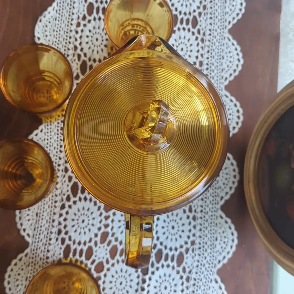 Indiana Depression Glass Old English Threading Amber Pitcher with 4 Glasses